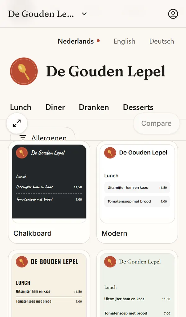 The Design page in Menuklaar on a phone, with the gallery of looks.