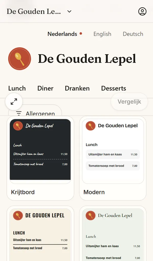 De pagina Ontwerp van Menuklaar op een telefoon, met de galerij van looks.