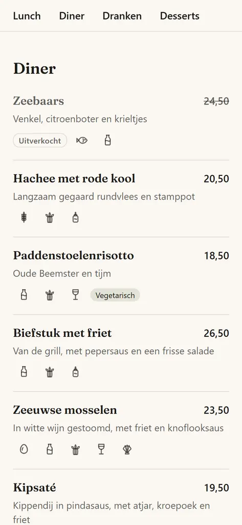 The QR menu on a phone: the sea bass is greyed out with its price struck through and a sold out label.