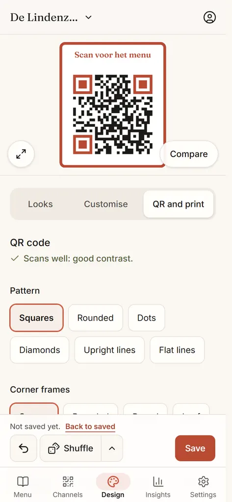 The QR options on the Design page: a QR code with its corners in the brand colour and a box frame with a label, the note Scans well, and the patterns to choose from.