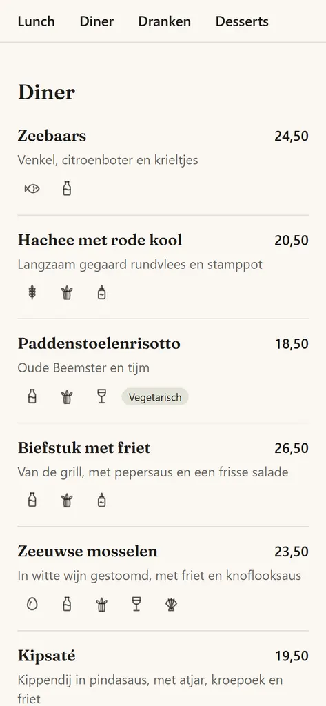 The QR menu of De Gouden Lepel, a Dutch café, on a phone: dinner, each dish with its price, description and allergen icons.