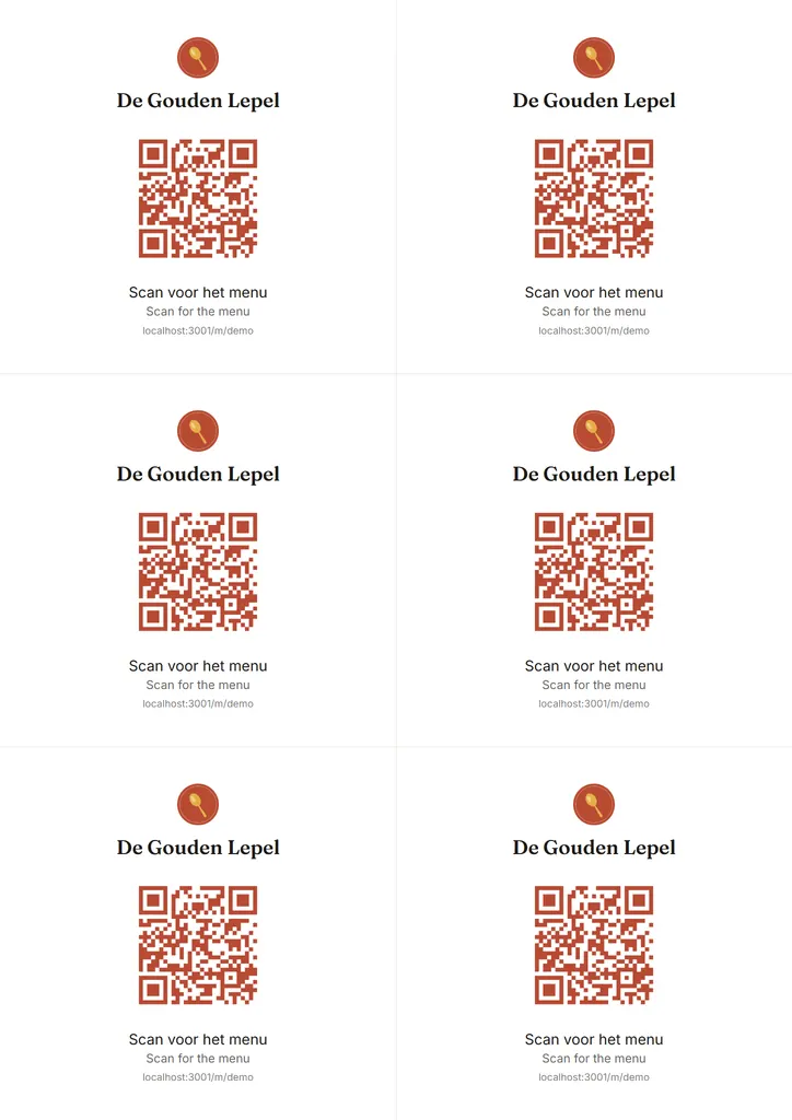 A sheet of table cards for the demo café, each with its QR code.