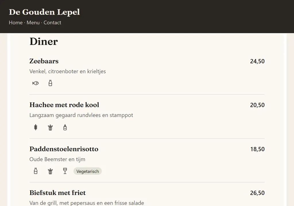 The menu on the café's website, open at dinner. The sea bass costs €24.50.