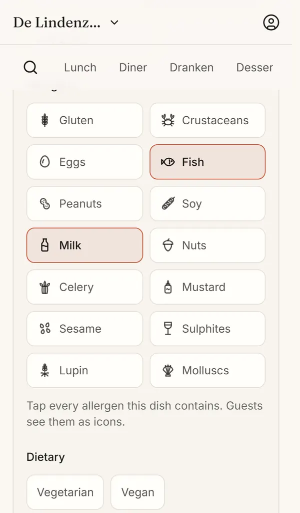 A dish open in the menu editor on a phone, with the 14 allergens as buttons: fish and milk are on.