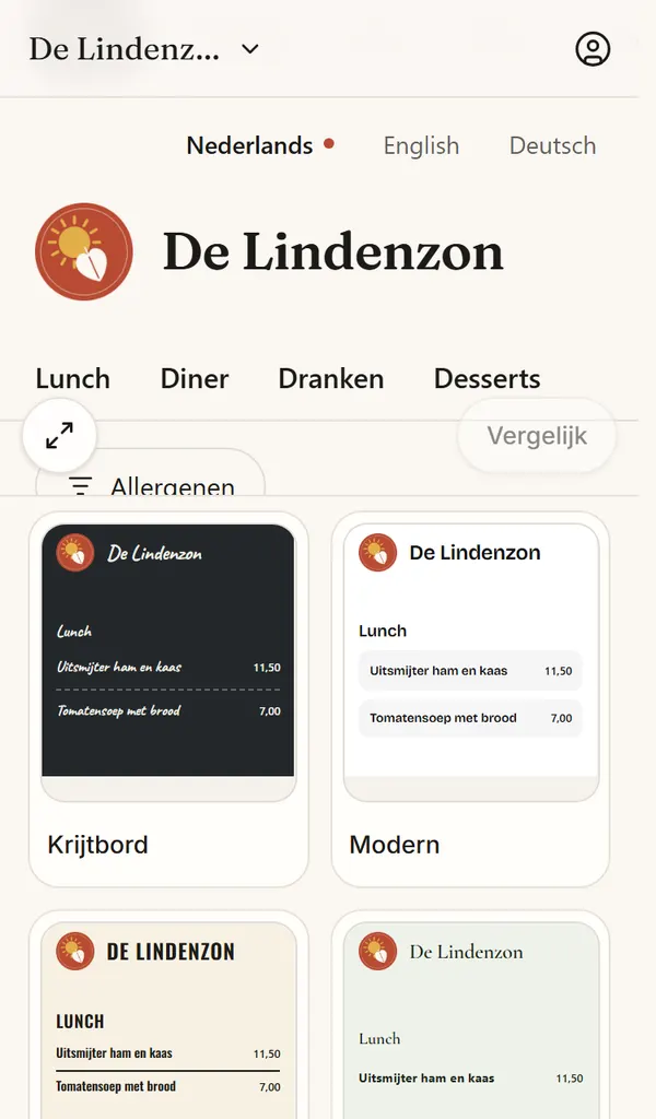De pagina Ontwerp op een telefoon: het menu van De Lindenzon en de galerij met looks, zoals Krijtbord en Modern.