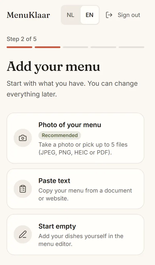 The Add your menu step on a phone: pick a photo, a PDF or pasted text.