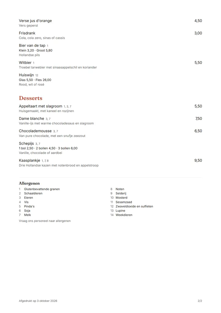 De laatste pagina van het printmenu van De Lindenzon: de desserts met hun allergeennummers, en onderaan de legenda van de 14 allergenen.