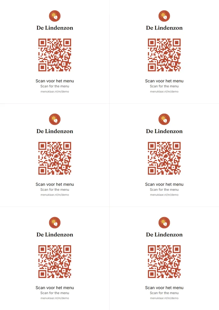 An A4 sheet with six De Lindenzon table cards, each with the logo, the name and the QR code.
